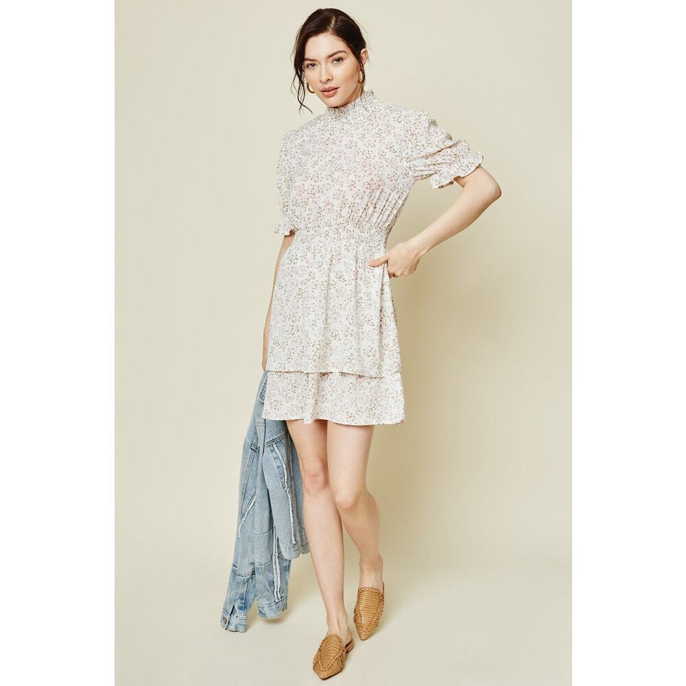 Hayden Los Angeles 1XL White Floral Smock Waist Mini Dress Lined Ruffle HighNeck - Picture 2 of 11